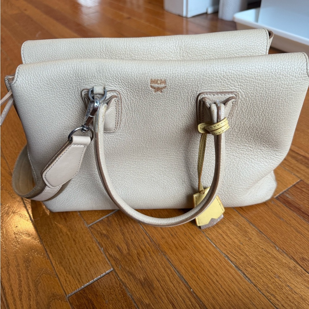 MCM Cream Satchel with Silver Hardware